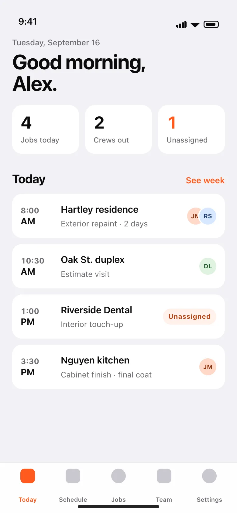 Sidework concept — Today dashboard