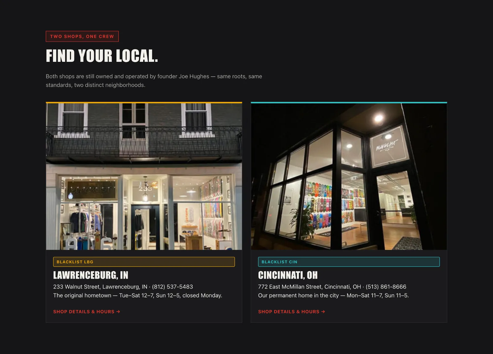 Blacklist Boardshop concept — Find Your Local section with both storefronts
