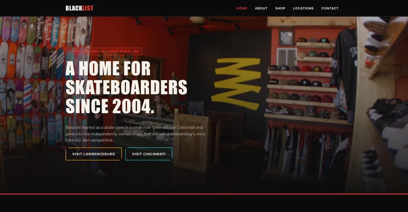 Blacklist Boardshop website — desktop homepage screenshot