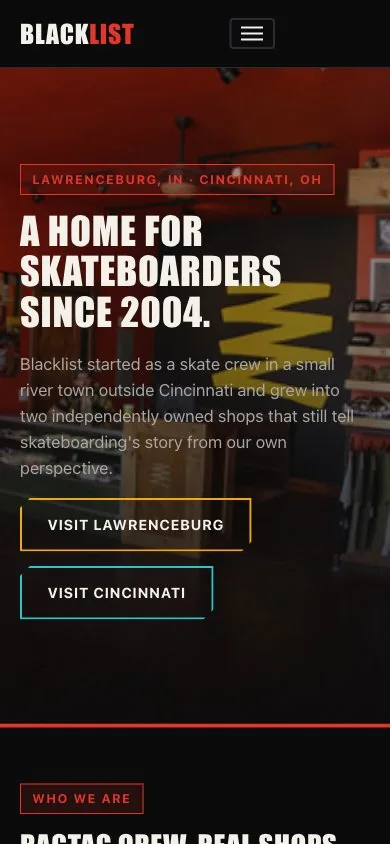 Blacklist Boardshop website — mobile view