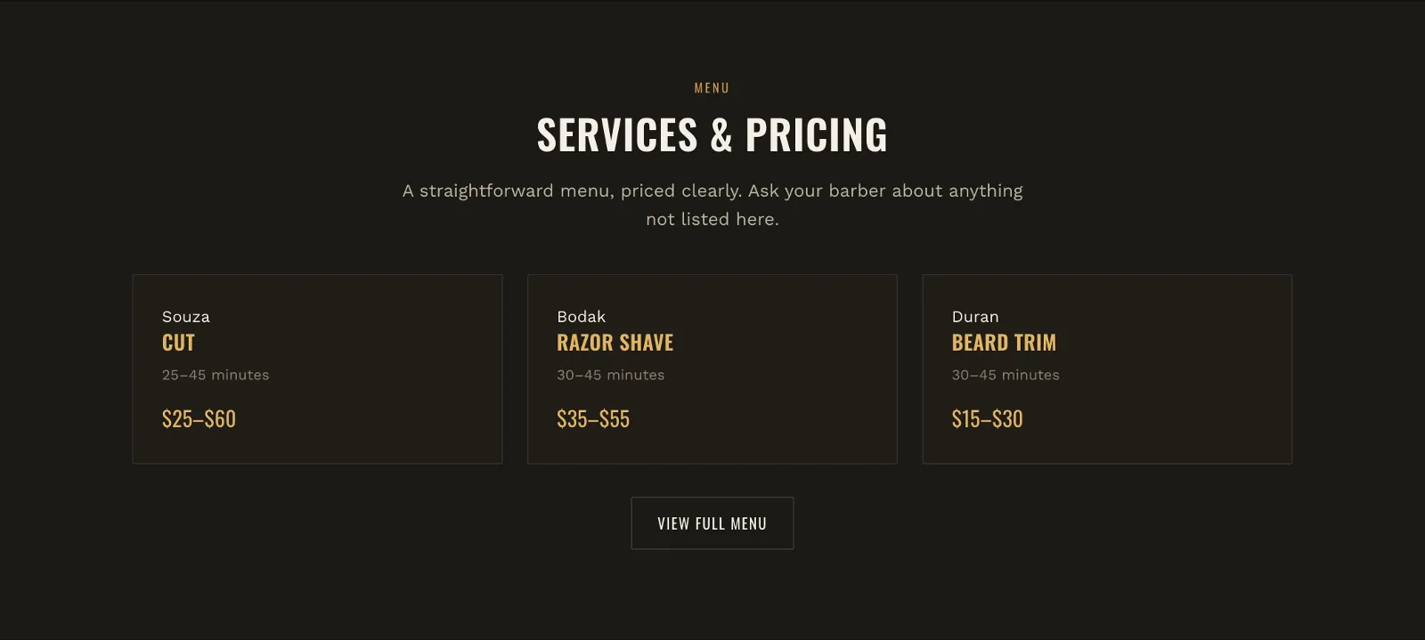 Cutman Barbershop concept — services and pricing section