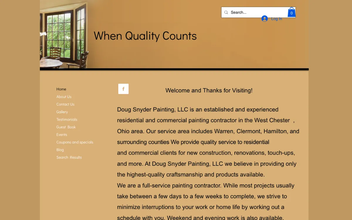 Before: Doug Snyder Painting's original Wix website, archived March 2024 — tan background, sidebar menu, long paragraphs, no phone number above the fold