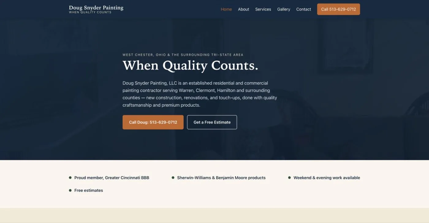 Doug Snyder Painting website — desktop homepage screenshot