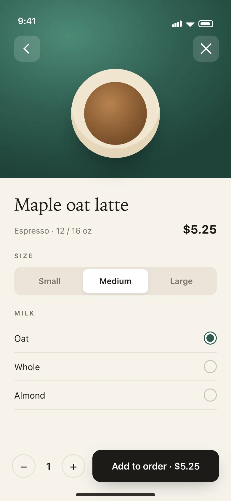 Ninefold Coffee concept — Item detail screen