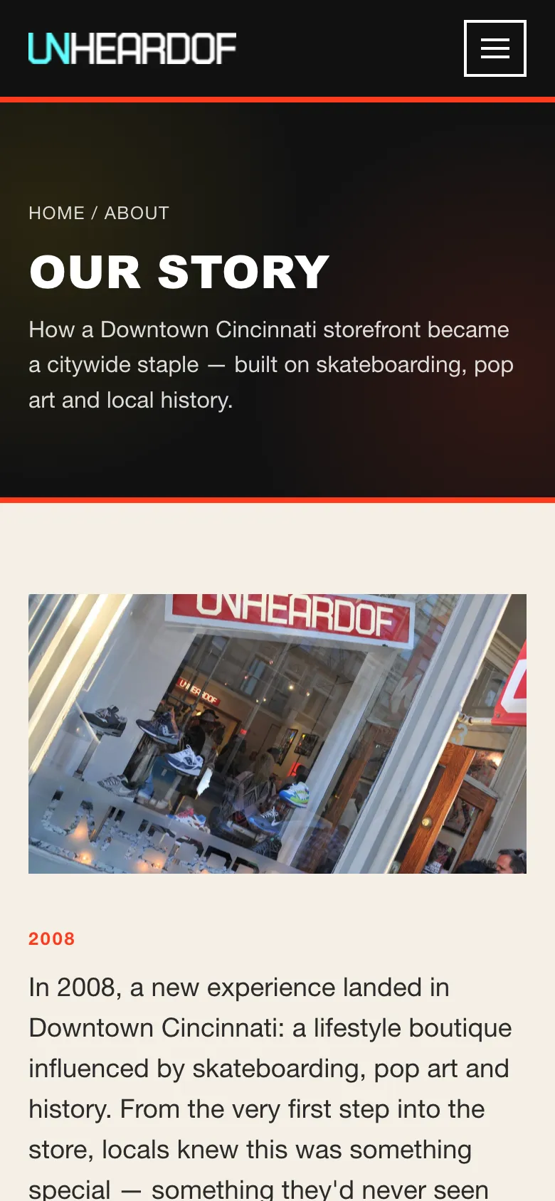 Unheardof Brand concept — Our Story page on mobile