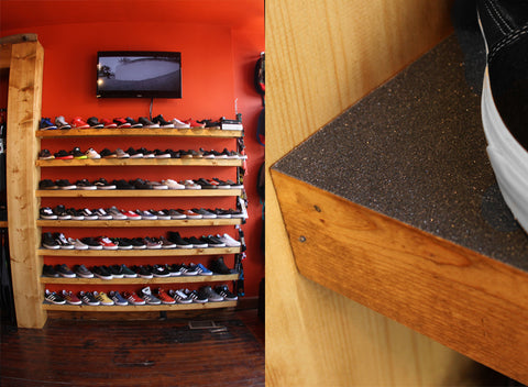 Shoe wall display and griptape detail inside a Blacklist shop